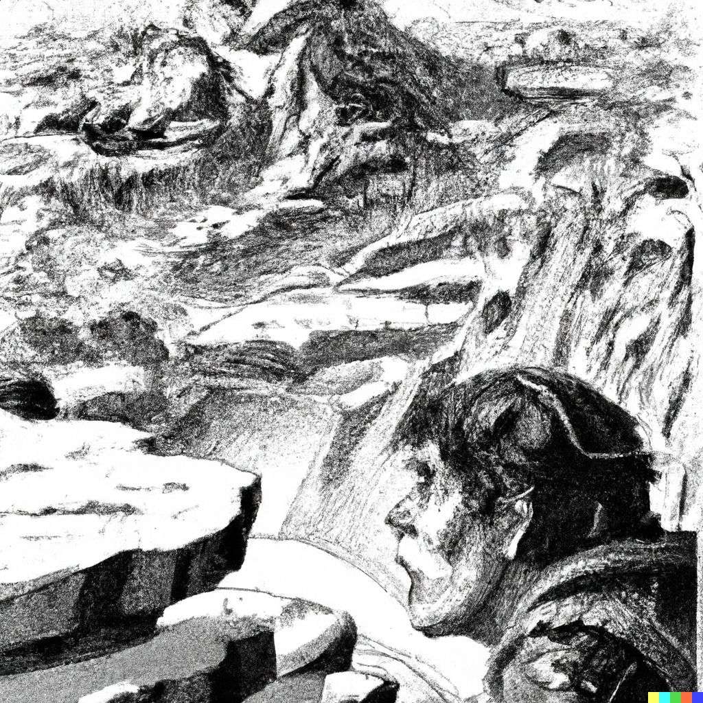 someone gazing at Mount Everest, comic by Bernie Wrightson